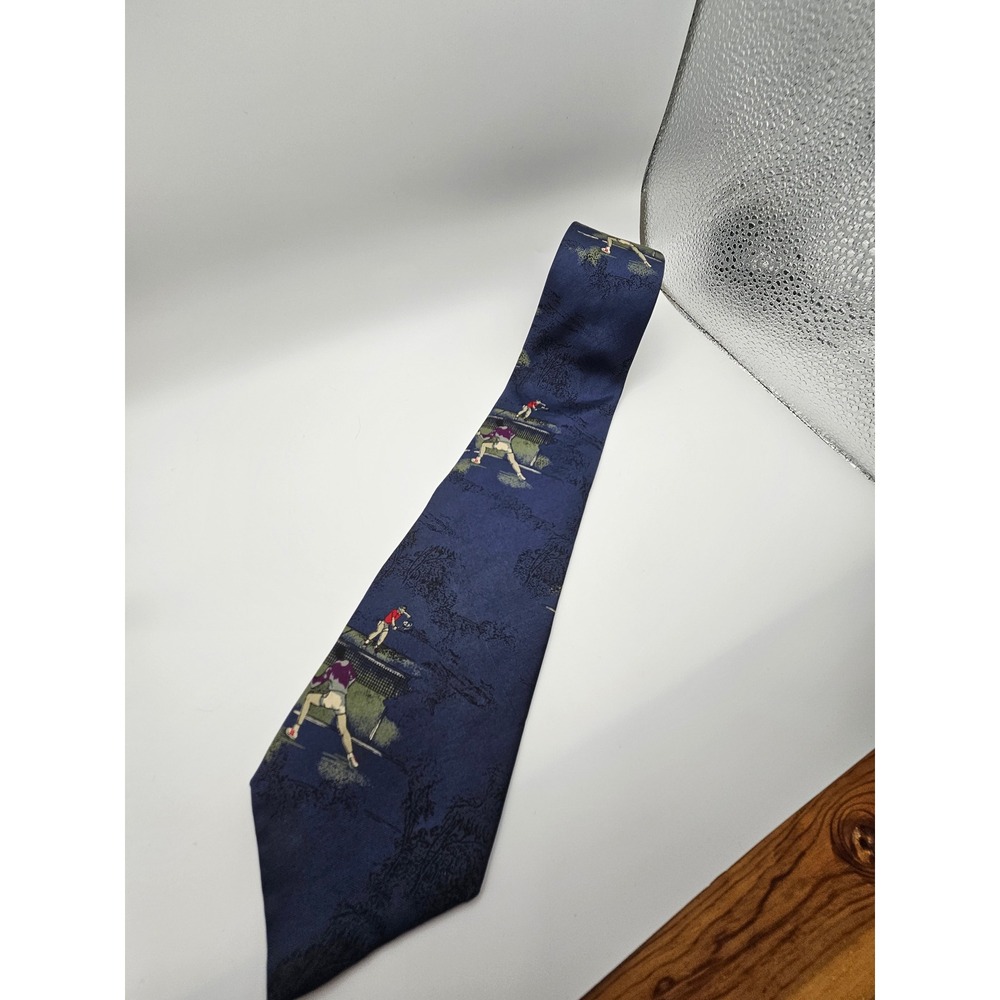 Resilio Mens Vintage Silk Tennis Novelty Tie Navy Blue Sports Print Made in USA